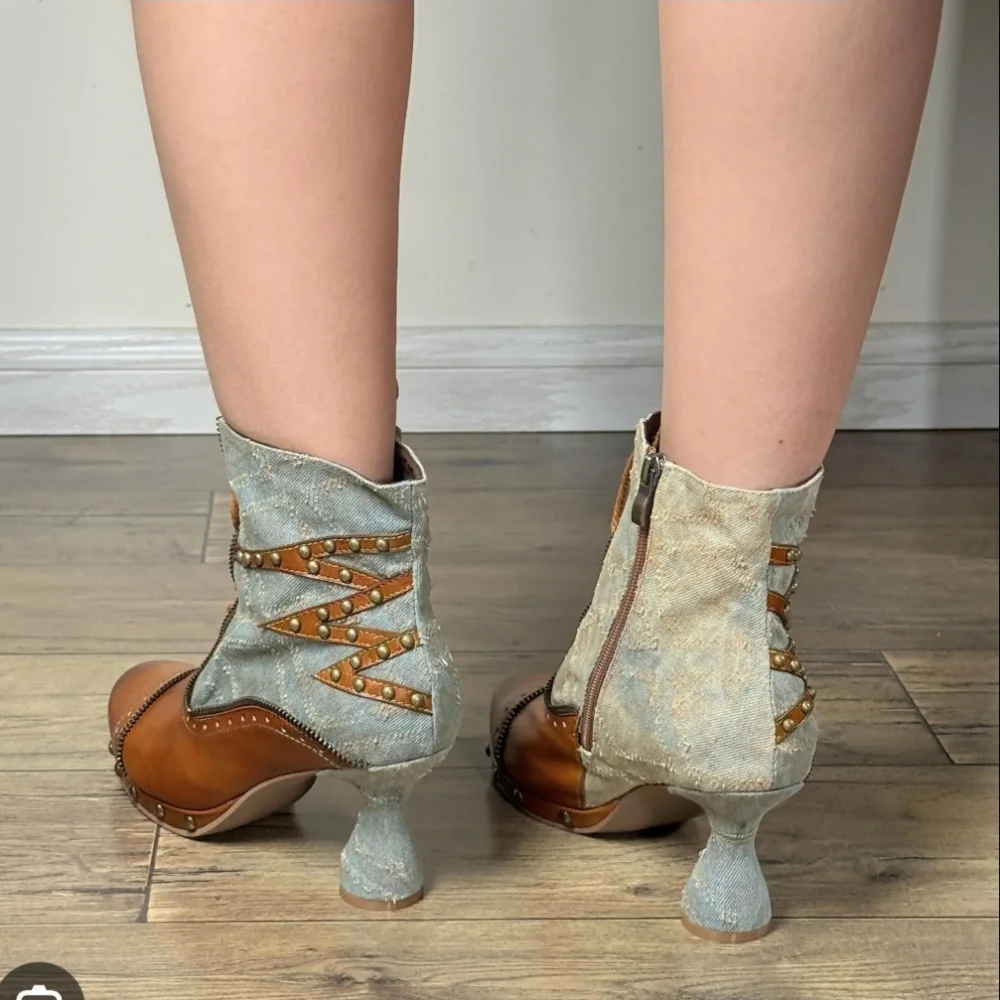 Steampunk Leather and Denim Ankle Boots with Zipper and Stud Details - Size 40